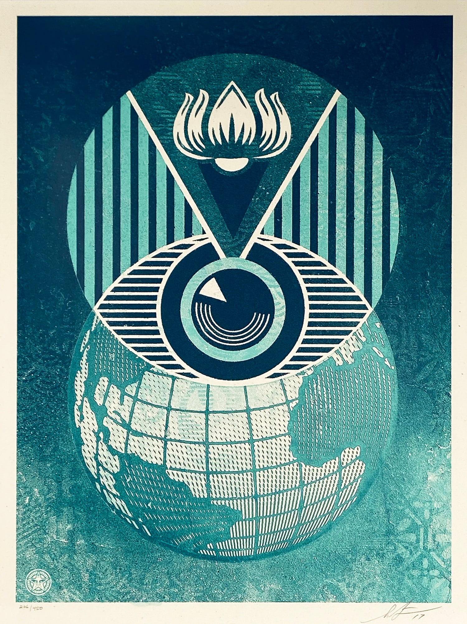 SHEPARD FAIREY 'Flint Eye Alert Globe' (2017) Rare Screen Print (1 of 12)