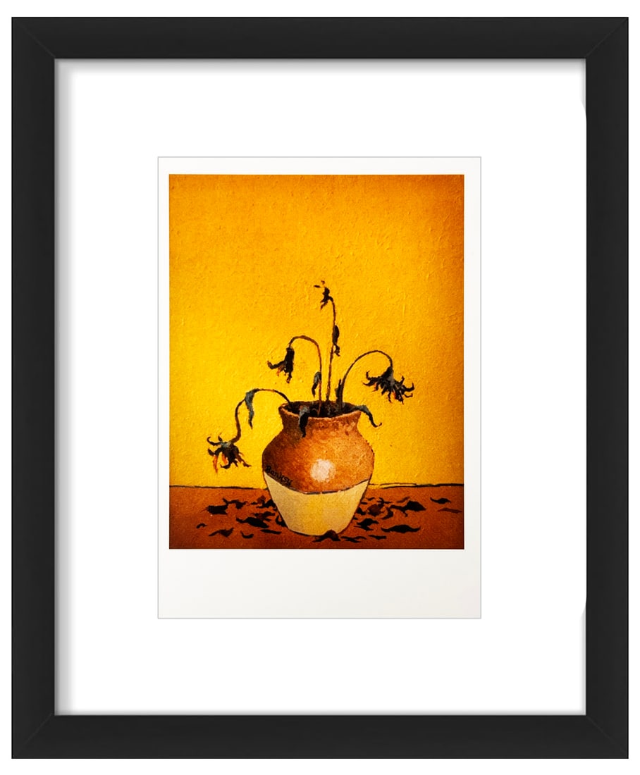 BANKSY 'Sunflowers from Petrol Station' (2005) Framed Original "Crude Oils" Postcard: 'Sunflowers from Petrol Station' by Banksy, 2005 Rare, original, limited production postcard from Banksy's "Crude Oils" show, London, UK. Based on the artist's original oil on canvas in artist
