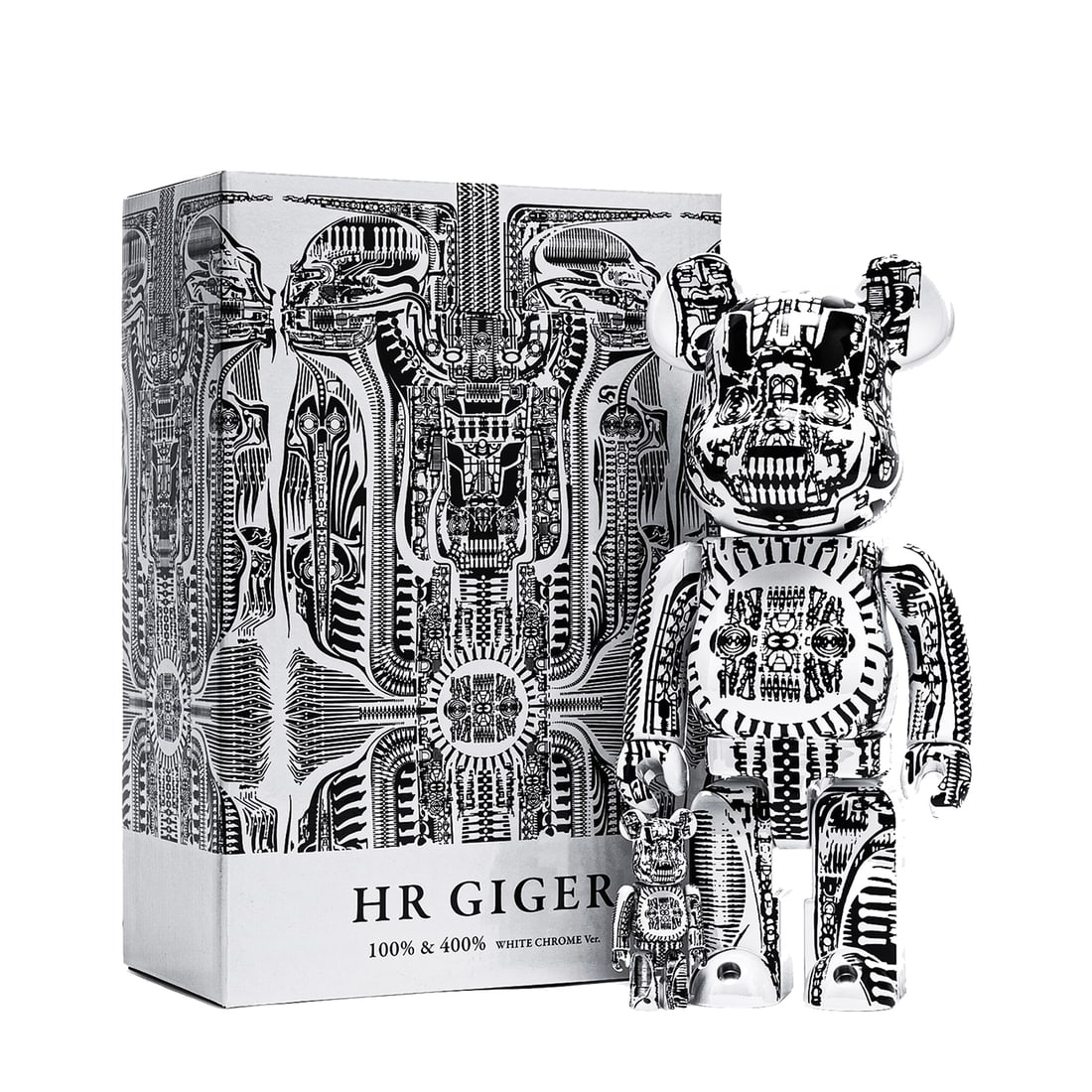 H.R. GIGER x Be@rbrick 'White Chrome' (2020) Designer Vinyl Art Figure Set: 'White Chrome' by H.R. Giger (after), 2020 Rare Limited Edition designer figure set colleb. with Medicom Toy. Authorized and licensed by the HR Giger E
