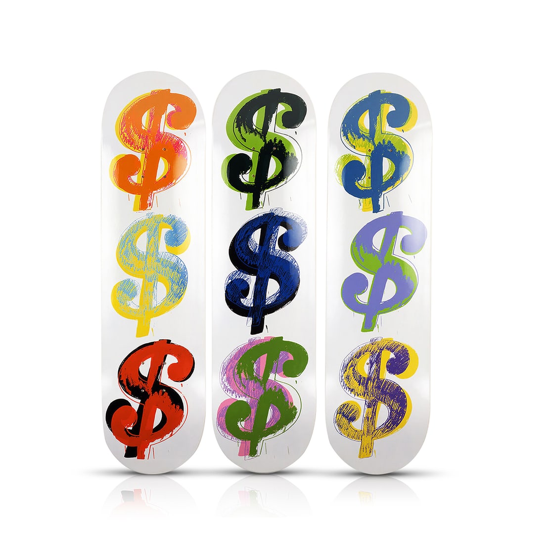 ANDY WARHOL 'Dollar Sign' (2022) Triptych Skateboard Deck Set: 'Dollar Sign' by Andy Warhol (after), 2022 New Triptych Skateboard deck set collab. with The Skateroom. Based on Warhol's 'Dollar Signs Revisited', from 1982. Officially li