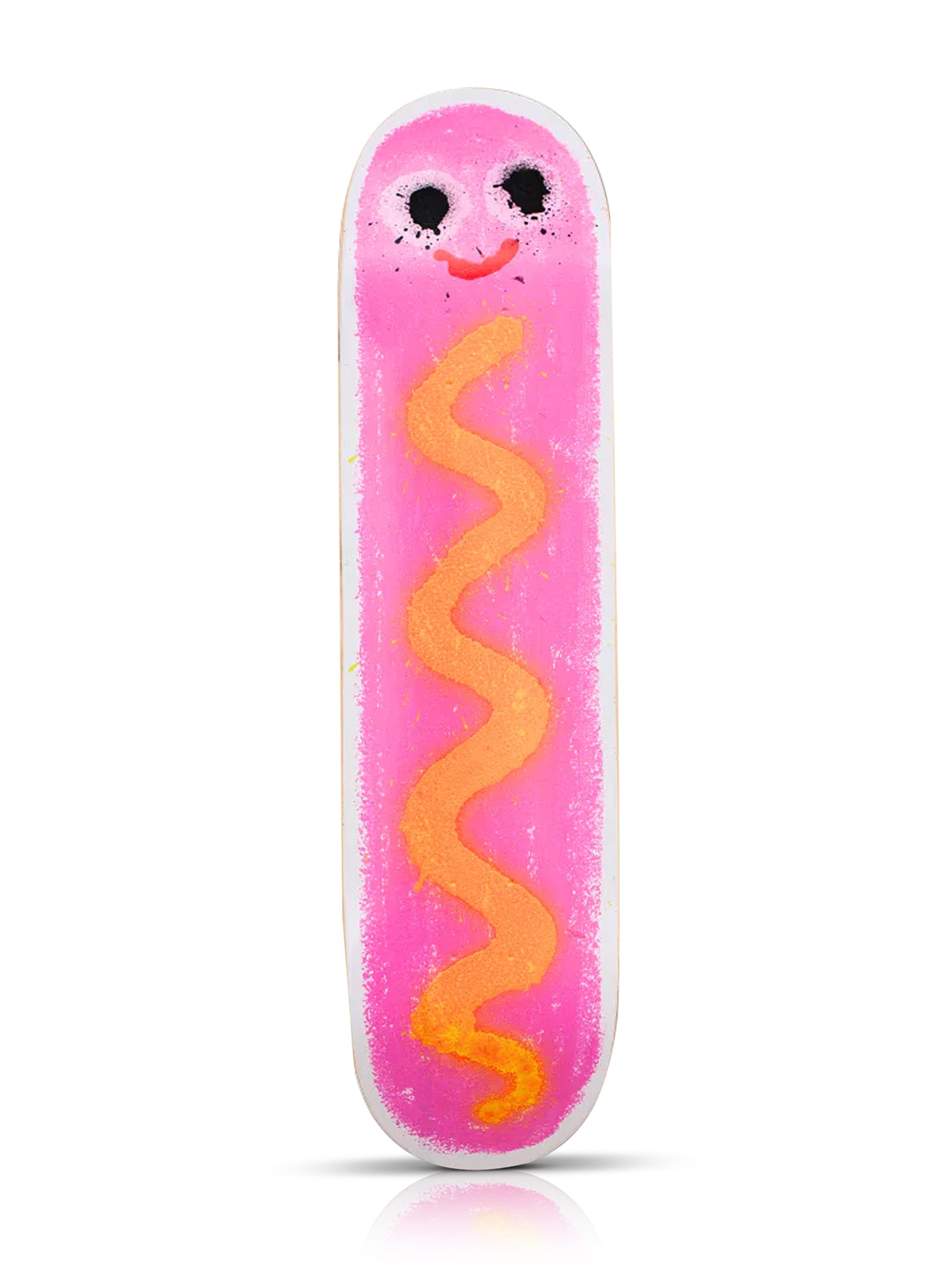 JON BURGERMAN 'Hot Dog' (2024) Skateboard Deck: 'Hot Dog' by Jon Burgerman, 2024 Limited Edition Skateboard deck collab. with The Skateroom. 8 x 31 Inches Screen print on 7-ply Grade A Canadian Maple skate deck. Limited Edition (Sold Out). New in