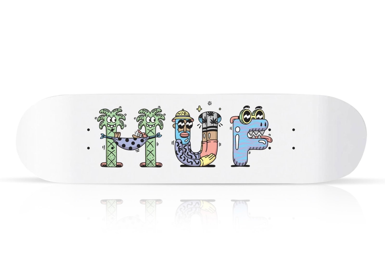 STEVEN HARRINGTON x HUF 'Characters' (2021) Skateboard Deck: 'HUF Characters' by Steven Harrington, 2021 Limited Edition Skateboard deck collab. with HUF Worldwide. Based on Harrington's popular, colorful art characters. 8.25 x 31.875 Inches<