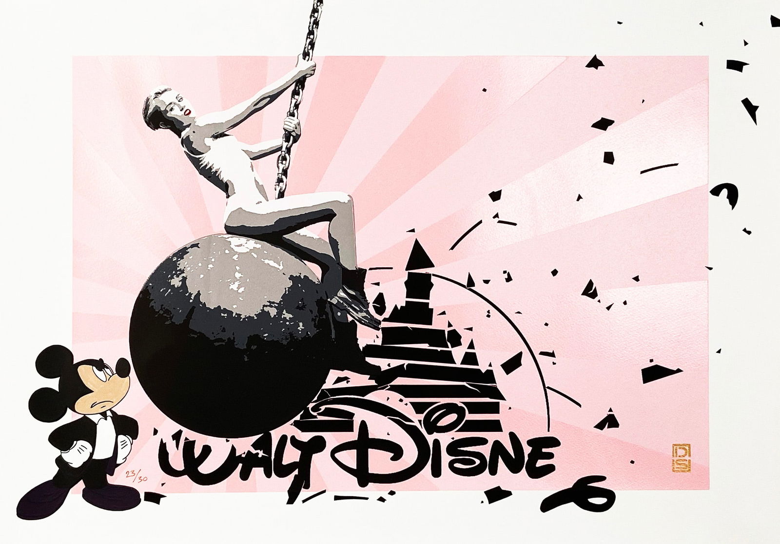 DS 'Miley's Smash Hits' (2015) Hand-Finished Silkscreen Print: 'Miley's Smash Hits' by DS, 2015 Rare, early street art smash-up based on Miley's hit single "Wrecking Ball" and her innocent Disney beginnings. Pink variant. 16 x 24