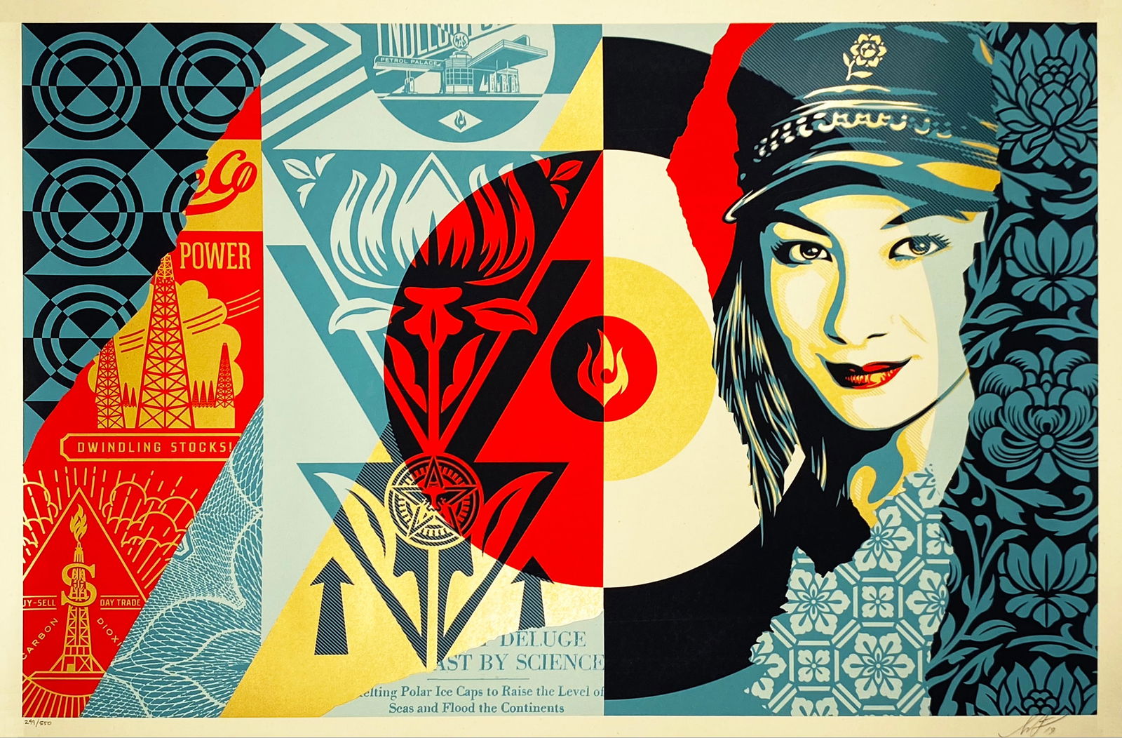 SHEPARD FAIREY 'Raise the Level' (2019) Beautiful, XL Screen Print: 'Raise the Level' by Shepard Fairey, 2019 Based on the artist's original street art mural on Whitby Street in Shoreditch, London, UK. 24 x 36 Inches 61 x 91.4 Centimeters Screen print on cream, S