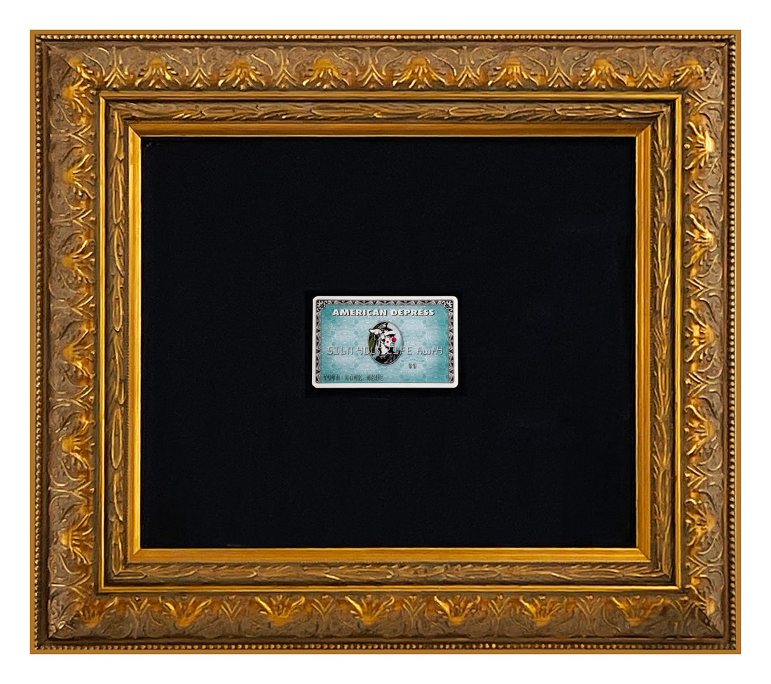 D*FACE x BANKSY 'American Depress' (2015) Custom Framed Dismaland "Credit Card": 'American Depress' by D*Face, 2015 Designed by D*Face and originally available only at Banksy's 2015 art installment "Dismaland Bemusement Park". RARE Banksy "signed" edition with ste