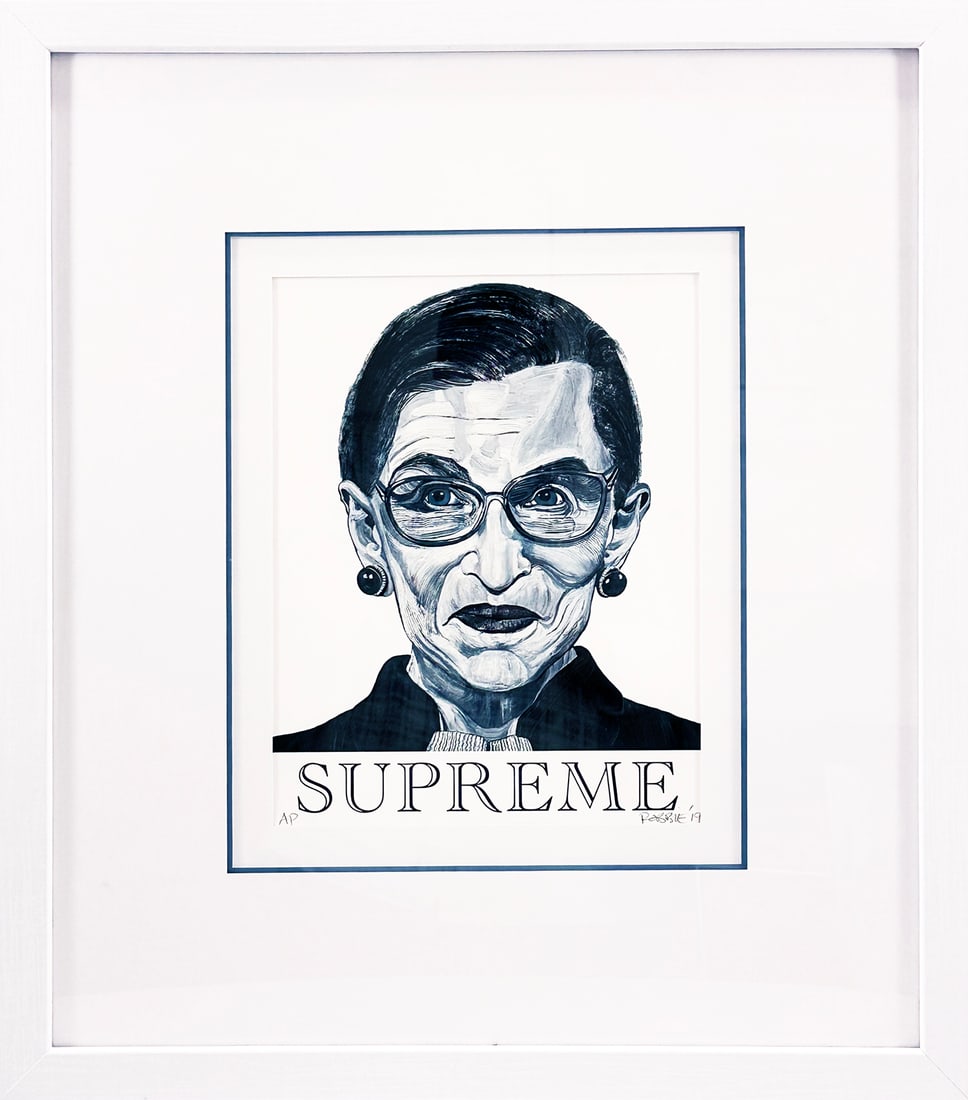 ROBBIE CONAL 'RBG: Supreme' (2019) Custom Framed, Hand-Tinted Archival Pigment Print (AP): 'RBG: Supreme' by Robbie Conal, 2019 RARE Artist's Proof print from Robbie's 'Inspiring Women' series. 14 x 11 Inches (print) 35.6 x 28 Centimeters 27.5 x 24.5 x 1.2 Inches (framed) H