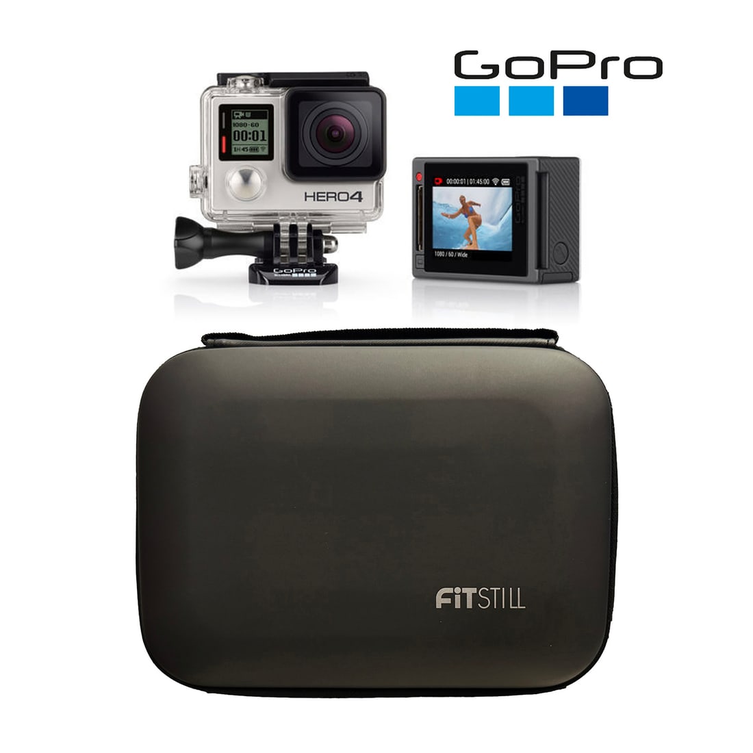 GOPRO 'Hero 4' (2016) New Action Camcorder with Case: 'Hero 4' by GoPro, 2016 Silver edition. 2.25 x 1.12 x 1.6 Inches (camera) 5.7 x 2.8 x 4 Centimeters 7 x 9 x 2.5 Inches (case) New 2.7k action camcorder with waterproof case. Built-in touch dis