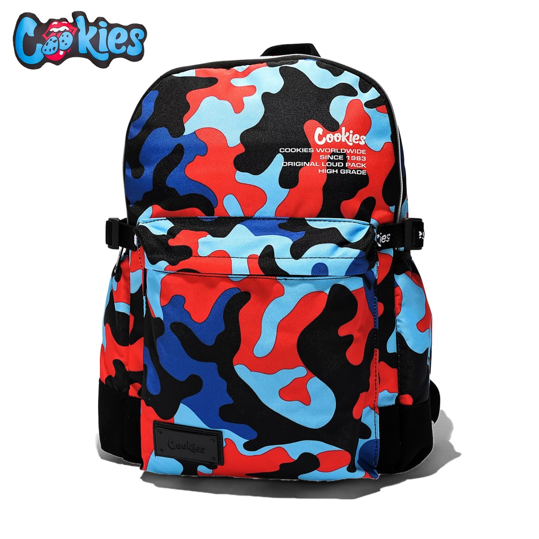 COOKIES 'Off the Grid Camo' (2022) New Smell-Proof Backpack: 'Off the Grid' by Cookies, 2022 New, large, double-zippered, smell-proof backpack. Blue / red camo design. 18 x 15 x 7 Inches 45.7 x 38 x 17.8 Centimeters Smell-proof technology with canvas exterior.