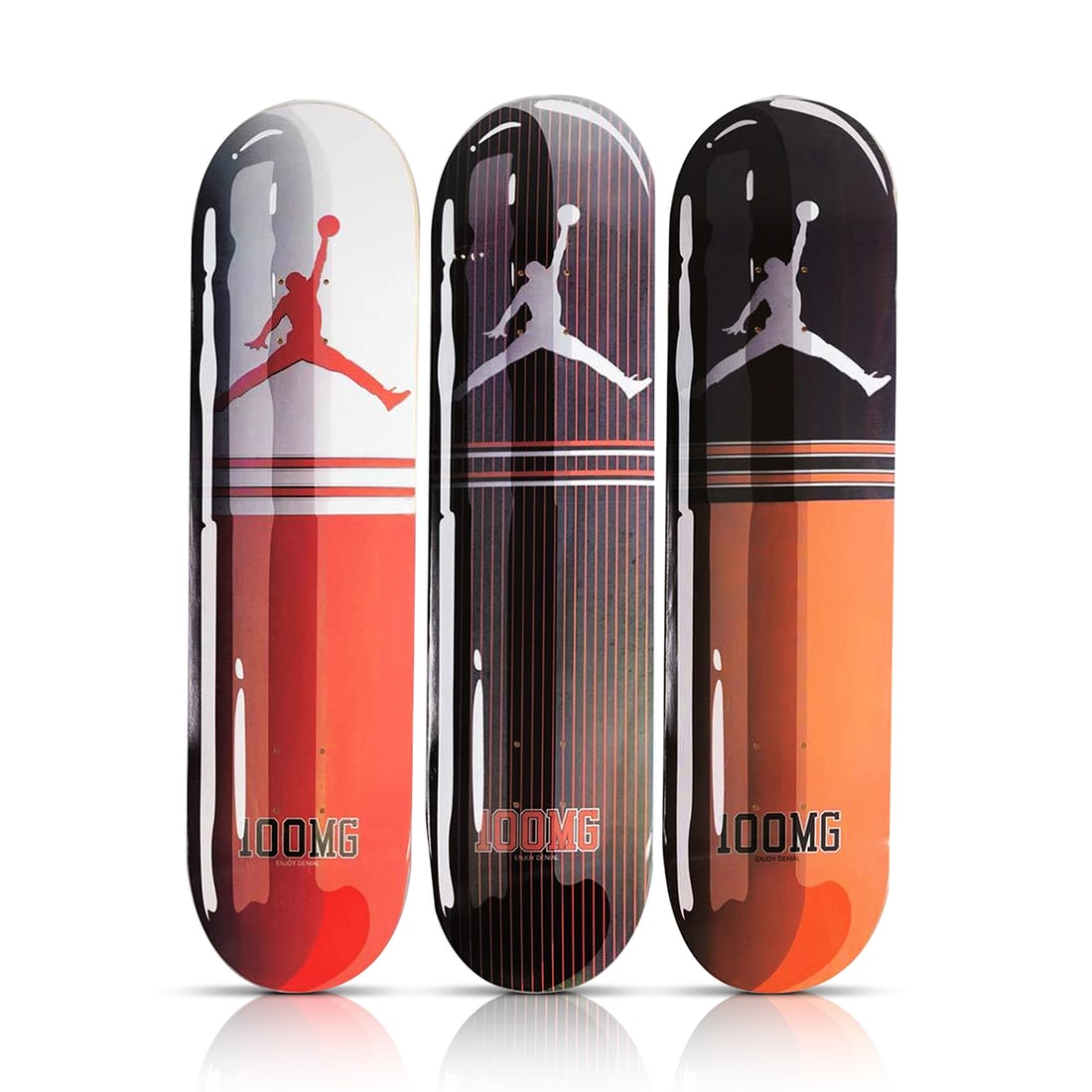 DENIAL x 1xRUN 'Air Jordan' (2021) Triptych Skateboard Deck Set: 'In Patient' + 'Out Patient' + 'Alternative Medicine' by Denial, 2021 Limited Edition Triptych Skateboard deck set collab. with 1xRUN. Rare matching number set. 8 x 31.875 Inches Archival pigment