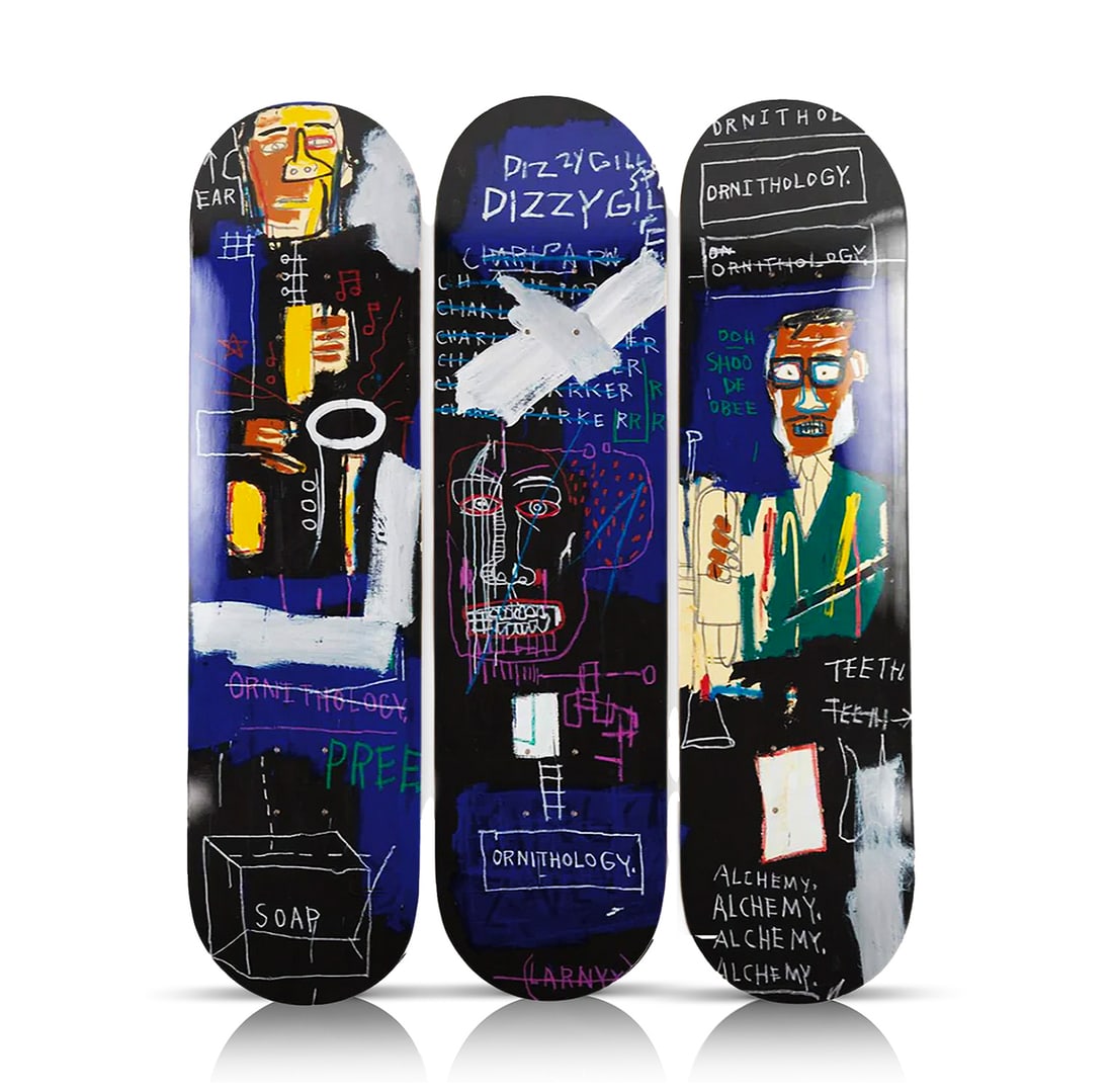 JEAN-MICHEL BASQUIAT 'Horn Players' (2018) Triptych Skateboard Deck Set: 'Horn Players' by Jean-Michel Basquiat (after), 2018 Limited Edition Triptych Skateboard deck set collab. with The Skateroom. Based on Basquiat's original 'Horn Players' 3-panel artwork from 1983 - a
