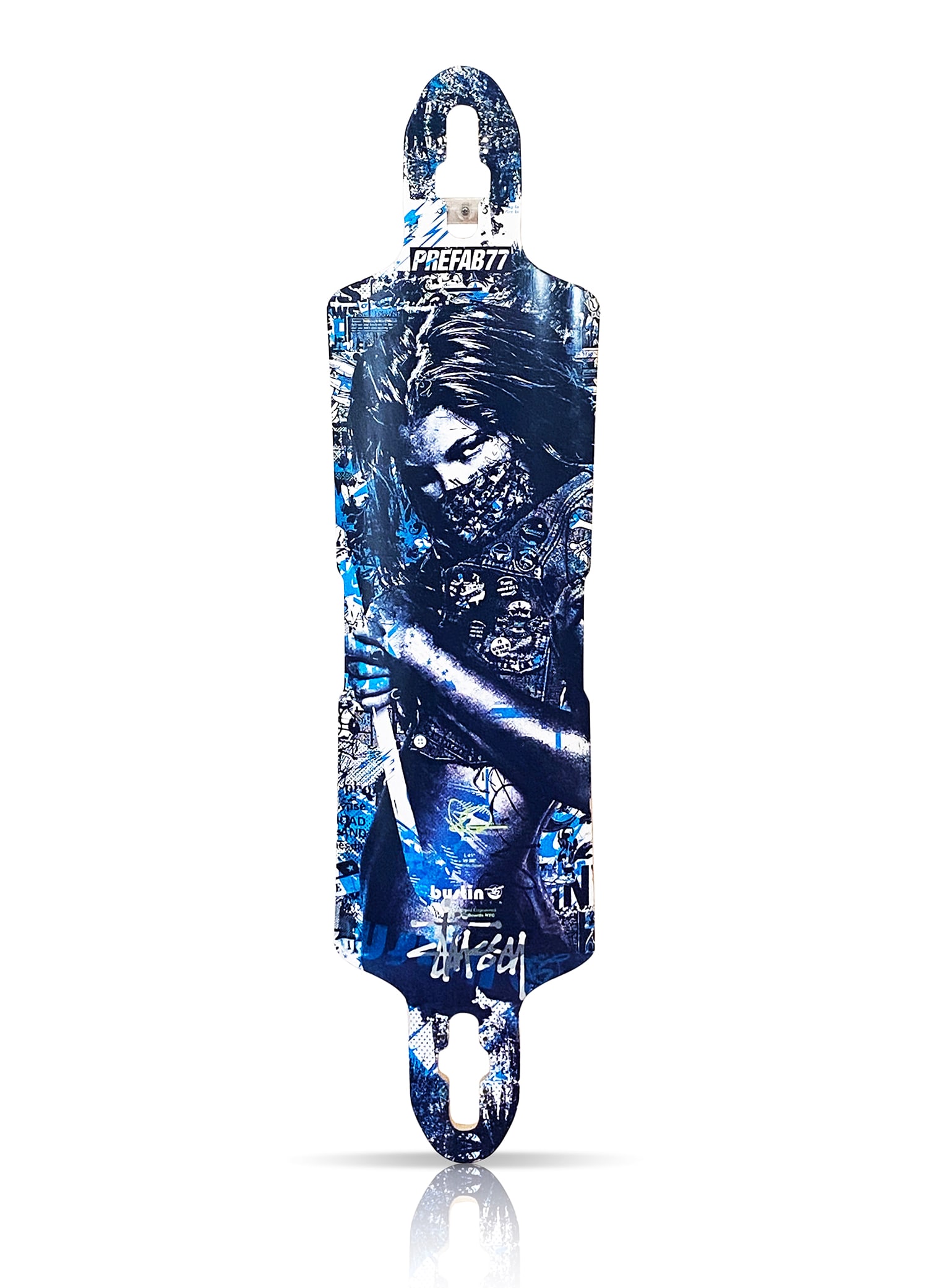 PREFAB 77 x Stussy 'Soul on Fire' (2011) VERY RARE Longboard Skate Deck: 'Soul on Fire' by Prefab 77, 2011Rare Limited Edition Longboard skate deck collab. with Bustin' Robot x Stussy.Blue variant.10 x