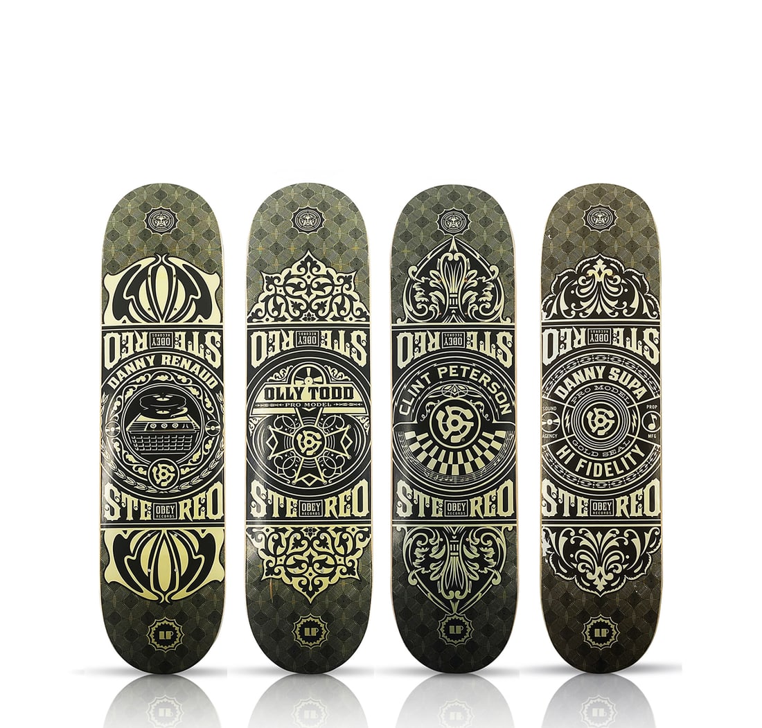 SHEPARD FAIREY 'Co-op Series' (2009) Quadriptych Skateboard Deck Set: 'Co-op Series' by Shepard Fairey, 2009 Limited Edition Quad Skateboard deck set collab. with Stereo Skateboards. Official Obey Records release for pro skaters Danny Renaud, Clint Peterson, Danny Supa