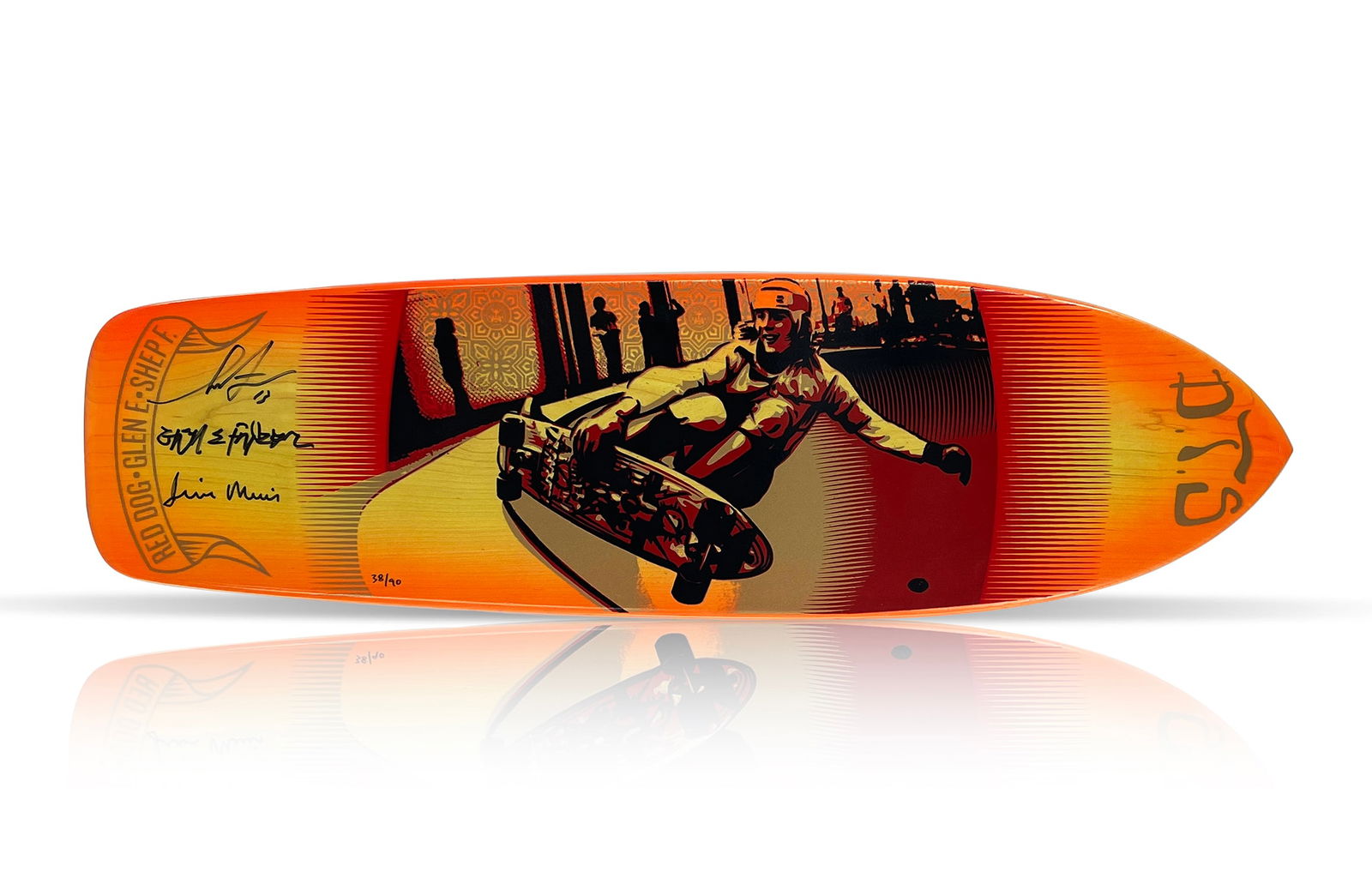 SHEPARD FAIREY x JIM MUIR '1977 Lost Board' (2013) RARE HAND-SIGNED (x3) Skateboard Deck: '1977 Lost Board' by Shepard Fairey, 2013Rare, Limited Edition Skateboard deck collab. with pro skater Jim "Red Dog" Muir (pictured) and photographer Glen E. Friedman.8.75 x 30.5 InchesScreen print