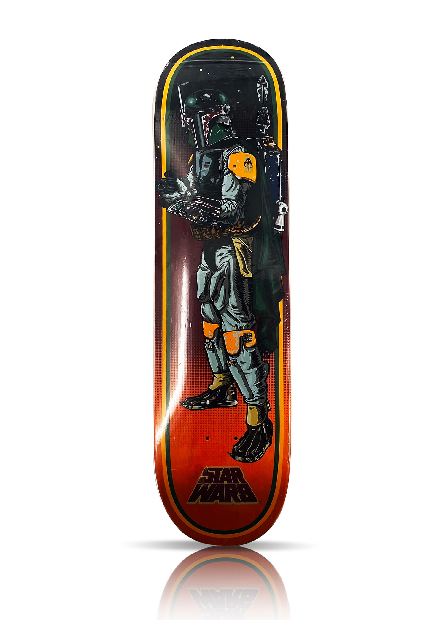 STAR WARS x Santa Cruz 'Boba-Fett' (2014) Skateboard Deck: 'Boba-Fett' by Santa Cruz Skateboards, 2014"Star Wars" Collector's Series Skateboard deck.Officially licensed by Lucasfilm.8 x 31.6 InchesScreen print on laser-cut 7-ply Canadian Maple hardwood skate