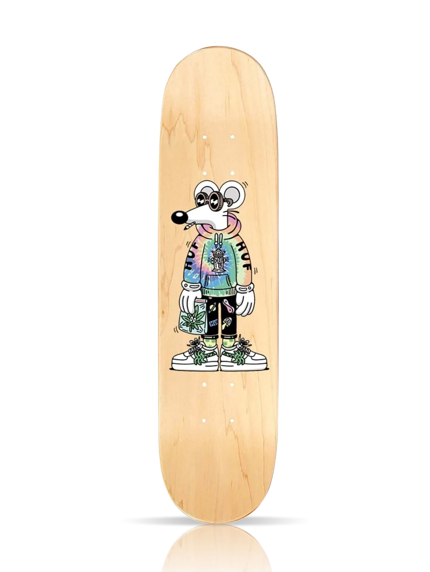 STEVEN HARRINGTON x HUF 'Skate Rat' (2021) Skateboard Deck: 'Skate Rat' by Steven Harrington, 2021Limited Edition Skateboard deck collab. with HUF Worldwide.8.25 x 31.875 InchesScreen print on 7-ply Canadian Maple hardwood skate deck.Limited Edition (Sold