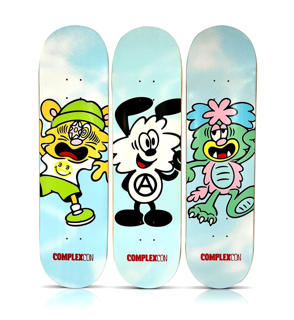 VERDY 'Girls Don't Cry' (2022) Triptych Skateboard Deck Set: 'Girls Don't Cry' by Verdy, 2022 Limited Edition Triptych Skateboard deck set collab. with Murakami's TM/KK. A ComplexCon 2022 exclusive. 8.25 x 32 Inches each. Silkscreen on (3x) 7-ply Canadian
