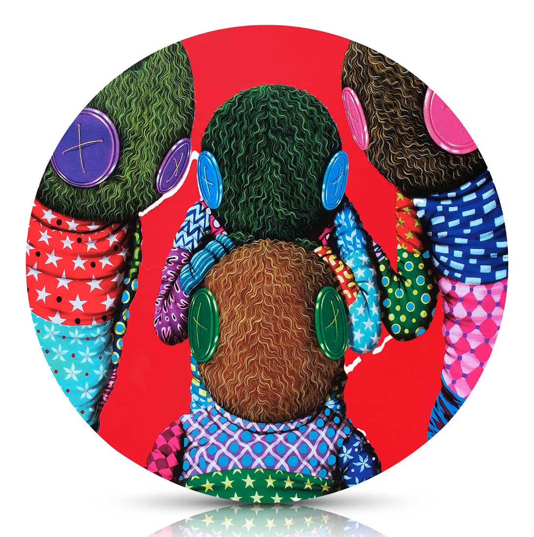 KENCUT 'Family Portrait' (2023) Hand-Embellished Tondo Screen Print: 'Family Portrait' by Suanjaya Kencut, 2023Rare Artist's Proof from Kencut's 'Family' series - Peeping red variant.30 Inches diameter76.2 Centimeters diameter23-color hand-pulled Tondo screen print on