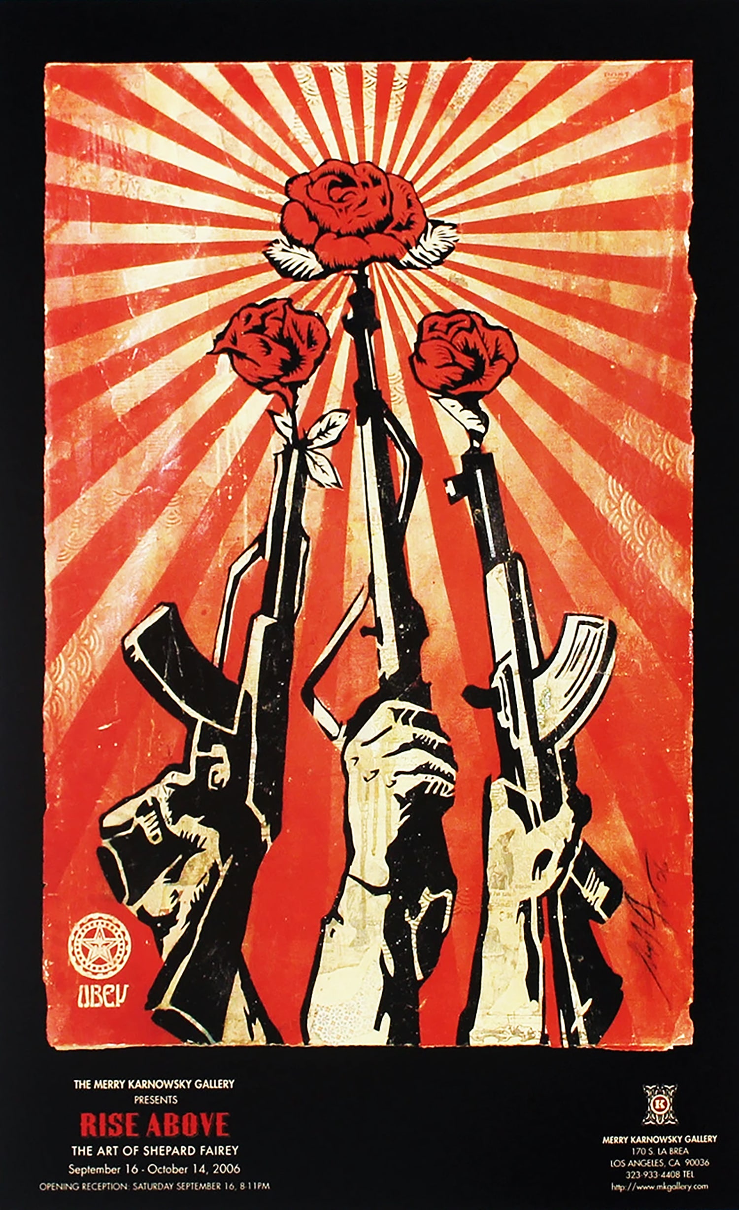 SHEPARD FAIREY 'Guns and Roses' (2006) Rare Early Gallery Show Poster: 'Rise Above: Guns and Roses' by Shepard Fairey, 2006 Rare, early original poster from the artist's gallery show. Merry Karnowsky Gallery, Sept. 16 - Oct. 14, 2006, Los Angeles, CA. 17 x 11 Inches