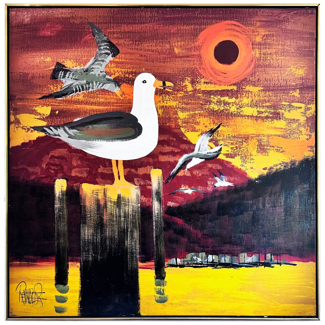 LEE REYNOLDS 'Seagull and Dock' (1970s) Custom Framed Original on Canvas: 'Seagull and Dock' by Lee Reynolds (1936-2017), 1970s Framed, hand-painted original from the artist's Vanguard Studios. 41 x 41 x 1.5 Inches 104 x 104 x 3.8 Centimeters Authentic, hand-painted