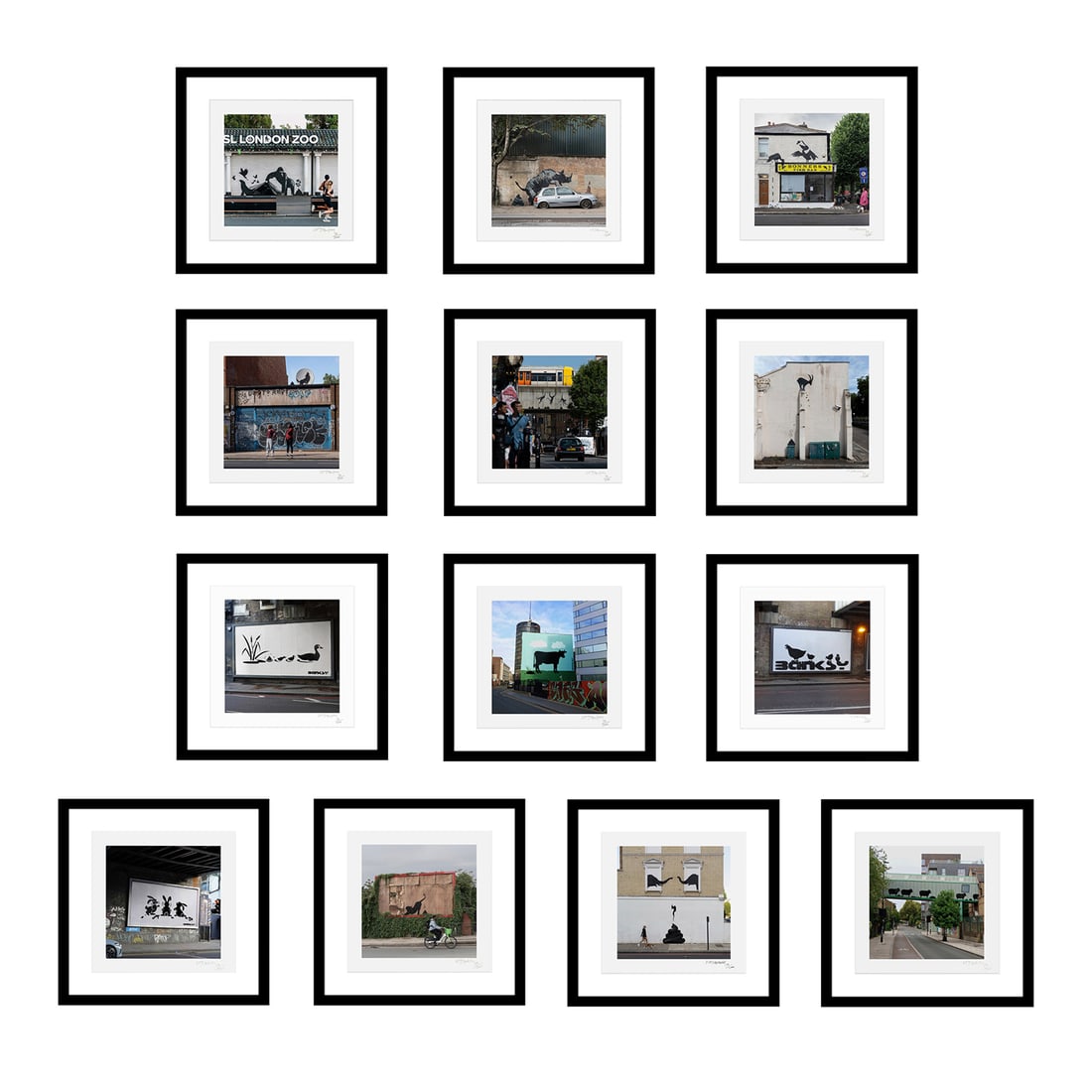 NOT BANKSY x L-13 'Sh*tism in Context' (2024) Framed Archival Print Set of 13: 'Sh*tism in Context' by Not Banksy, 2024 A series of radical and shitistic improvements to artist Banksy’s lauded animal murals. Limited Edition 13-print set collab. with L-13 Light Industrial