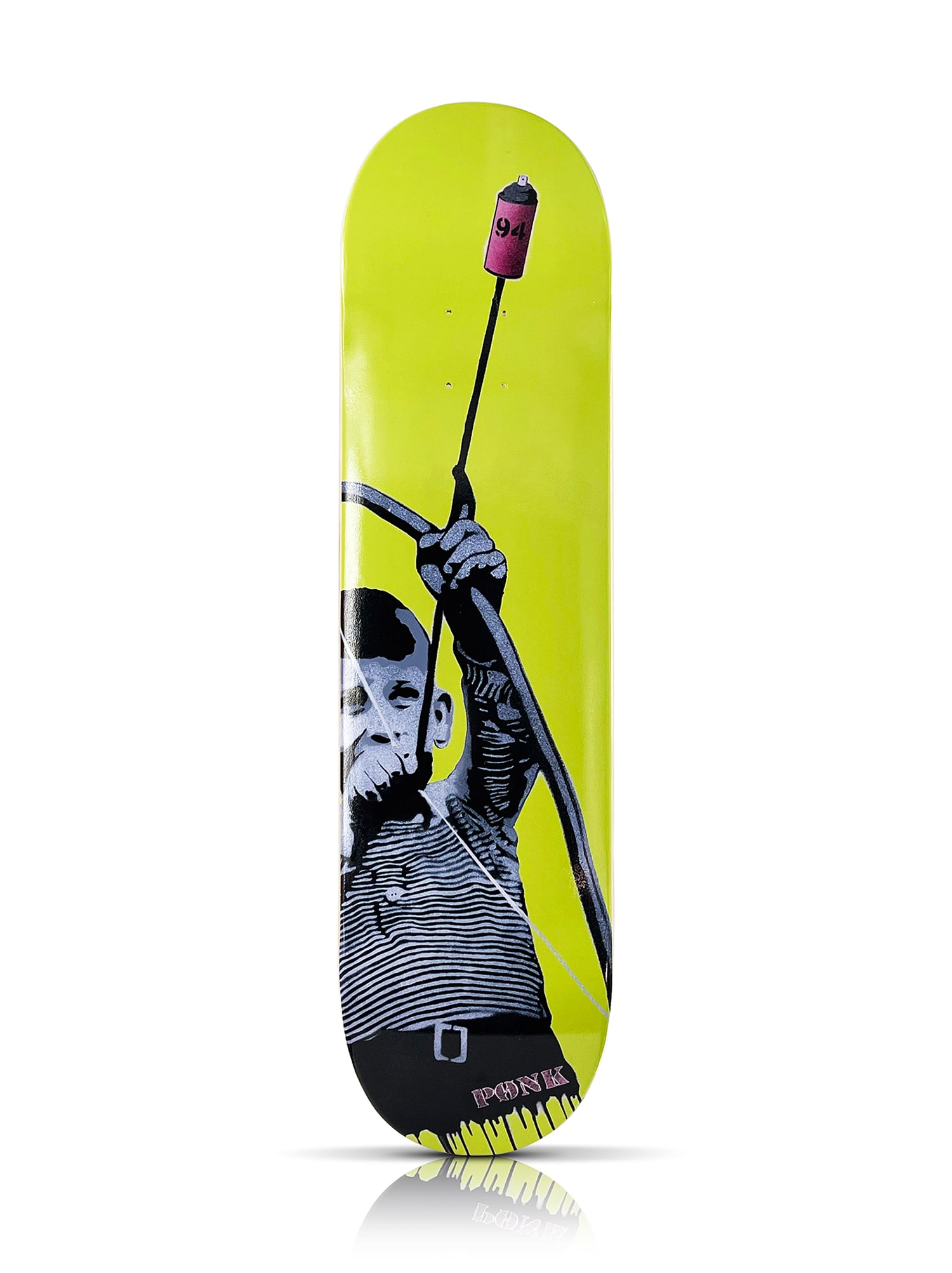P?NK x SK8 of the ART 'Shoot Your Love' (2023) Skateboard Deck: 'Shoot your Love' by PØNK, 2023 Limited Edition Skateboard deck collab. with Sk8 of the Art x Signari Gallery. Based on the artist's original work from 2018. 8 x 31.25 Inches Archival pig