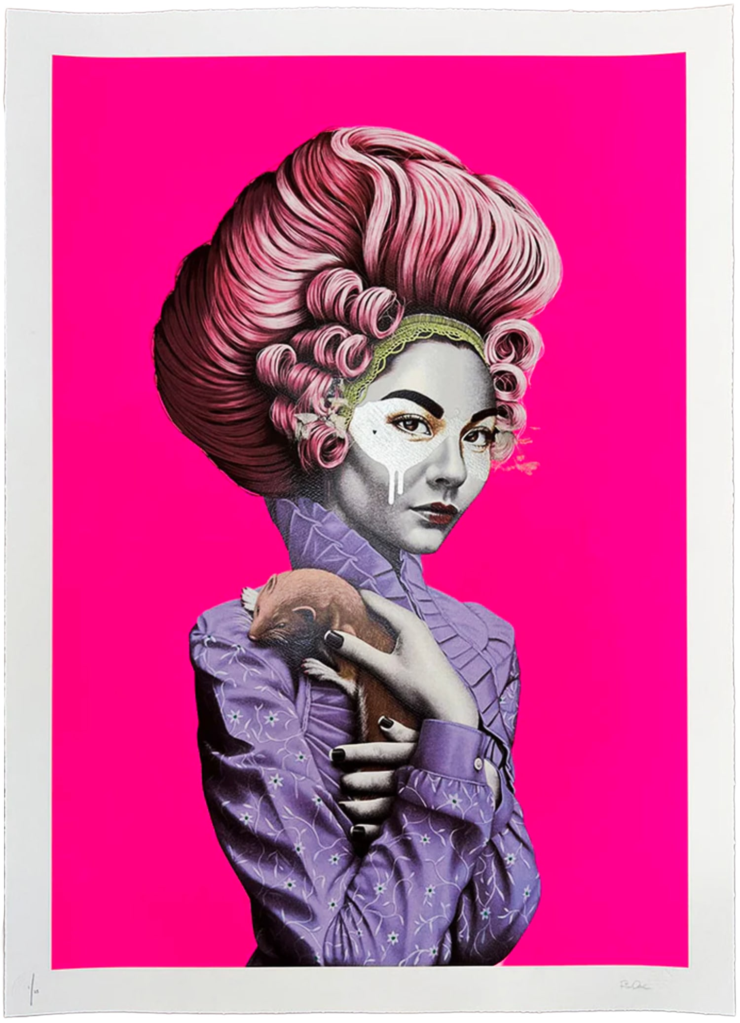 FIN DAC 'Tulleries' (2023) Hand-Finished 24-Color Screen Print w/Gold Leaf: 'Tulleries' by Fin DAC, 2023 Hand-Finished variation where vivid pink + gold leaf elevate Fin DAC’s masked muse. 35.6 x 25.8 Inches 90.5 x 65.5 Centimeters 24-color screen print on 330gsm