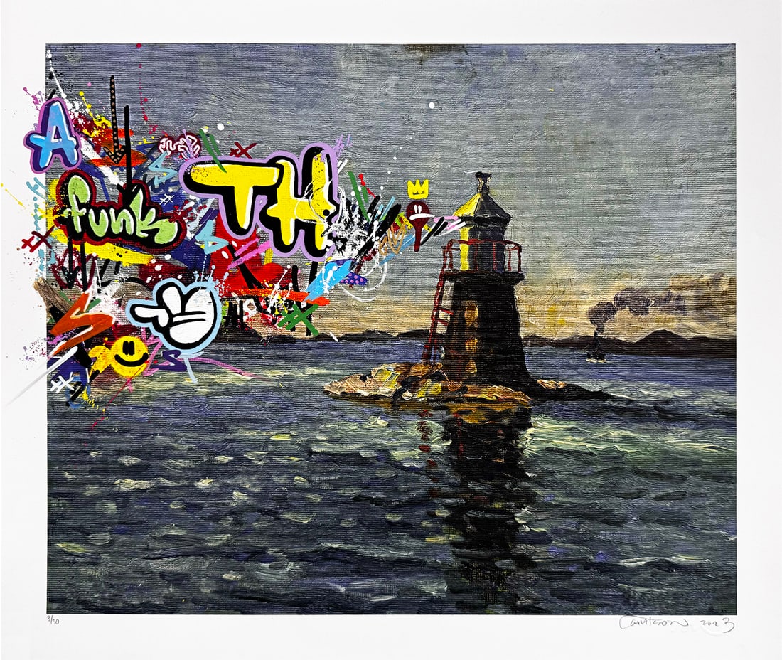 MARTIN WHATSON 'The Lighthouse' (2023) Rare Hand-Embellished Serigraph Print: 'The Lighthouse' by Martin Whatson, 2023 Highly coveted, Limited Edition print based on the artist's hand-painted street art mural. Hester St. & Bowery in NYC, May 2023 16.5 x 19.5 Inches 41.9 x