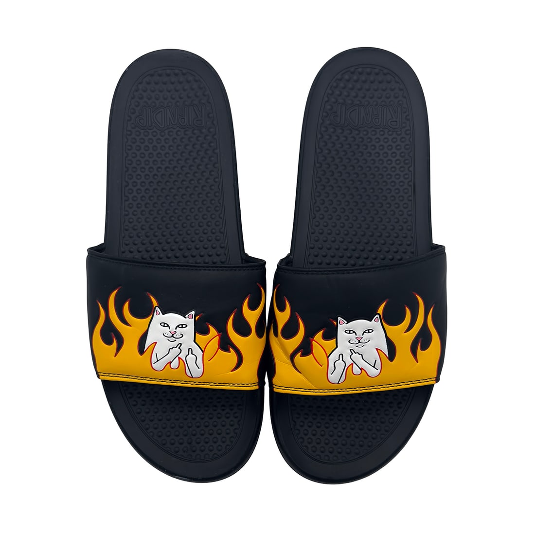 RIP N DIP 'Welcome to Heck' (2021) Black Flame Slide Sandals NWOT: Welcome To Heck' by RIPNDIP, 2021Sold Out Graphic Slide Sandals.Size: 13 USColor: Black/Yellow/Orange.Synthetic leather strap, lightweight slide sandal.Contoured, dimpled footbed for secure comfort an