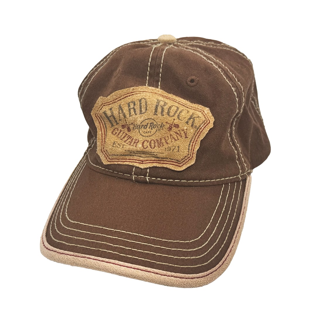 HARD ROCK CAFE 'Guitar Company' (brown) Adjustable Hat: 'Guitar Company' by Hard Rock Cafe - HollywoodOfficially licensed "distressed" adjustable hat.Color(s): brown/tanSize: One Size Fits Most (Velcro)"Guitar Company" fabric patch with trendy design.Six