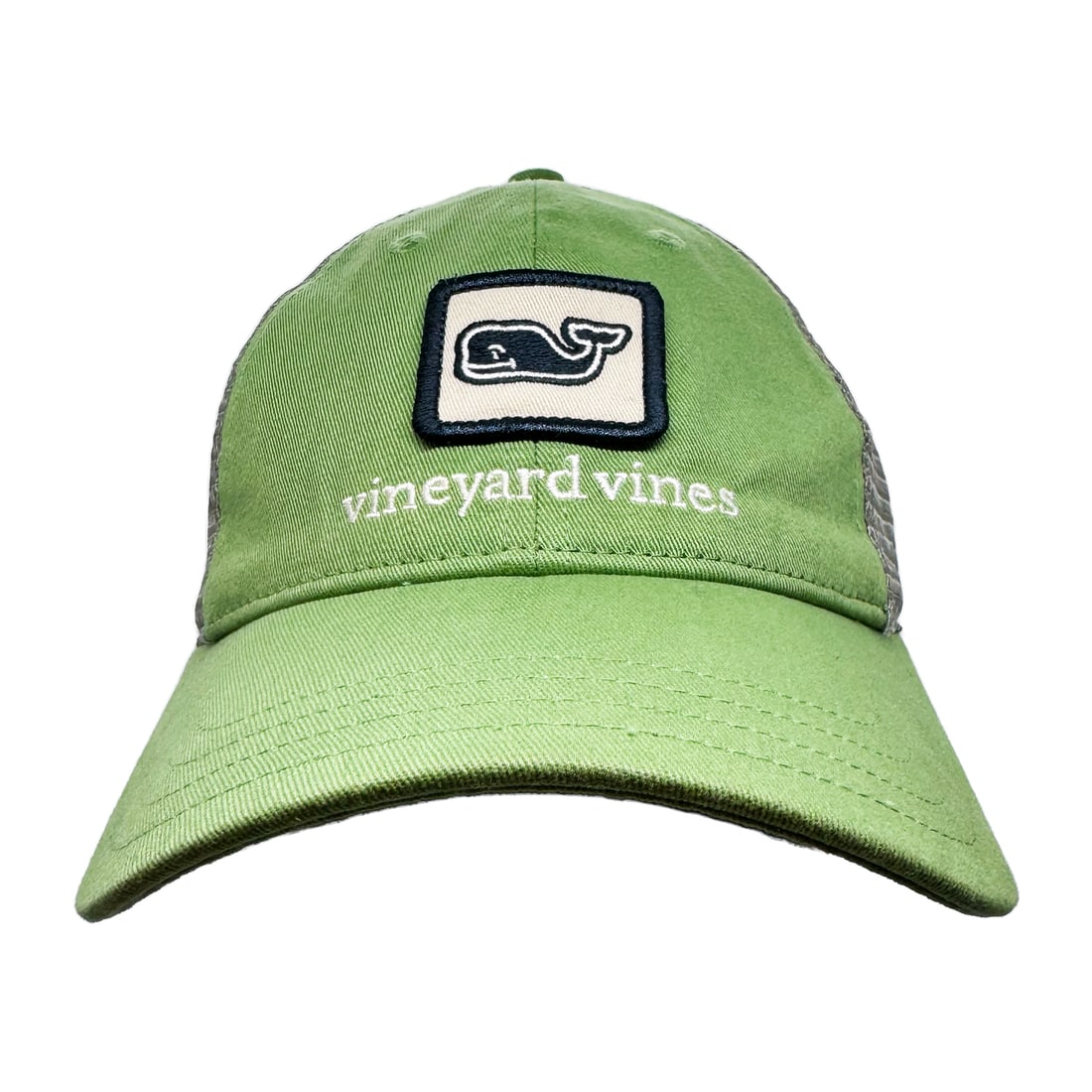 VINEYARD VINES 'Trucker' (green/grey) NEW Adjustable Hat: 'Trucker' by Vineyard VinesTrucker-style adjustable hat with Velcro.Color(s): sage green/greySize: One Size Fits MostTrucker-style model with embroidered VV whale logo.Six panels with (2) eyelets and