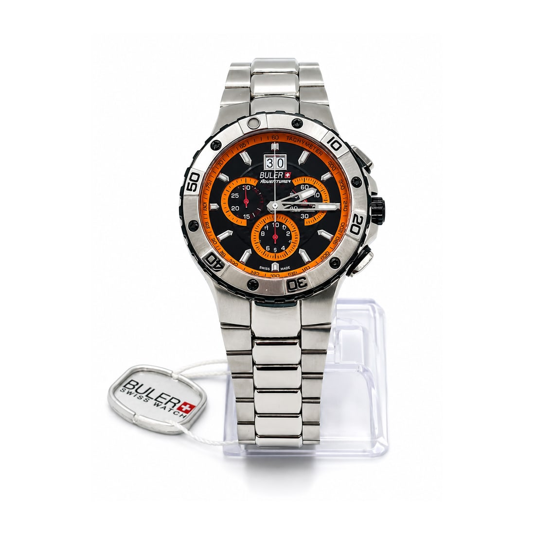 BULER 'Adventurer Chronograph' (2008) NEW Men's Stainless Steel Chrono Watch: Adventurer Grand Date Chronograph' by Buler, 2008Movement: Swiss Quartz ChronographCase Size: 44mmDial Color: Black with orange accents and carbon-fiber style center pattern.Case Material: Stainless