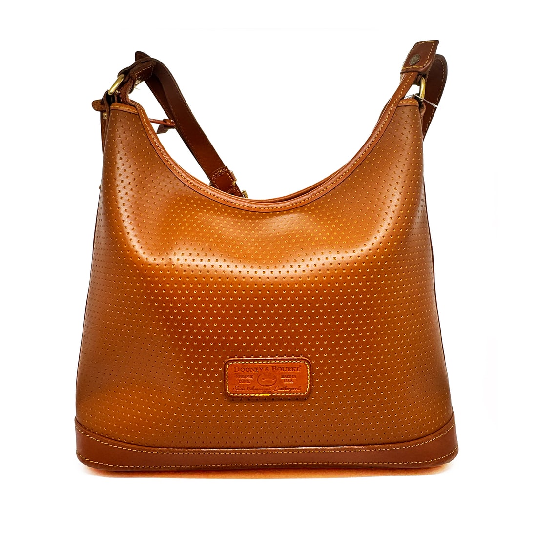 DOONEY + BOURKE 'Cabrio Shoulder Bag' *NEW* Perforated Leather Purse: 'Cabrio Tan Leather Shoulder Bag' by Dooney + Bourke10.5 x 9 x 3.5 Inches26.7 x 22.8 x 8.9 CentimetersBeautiful perforated tan leather bag.13-16 drop on adjustable leather shoulder strap.Classic brown