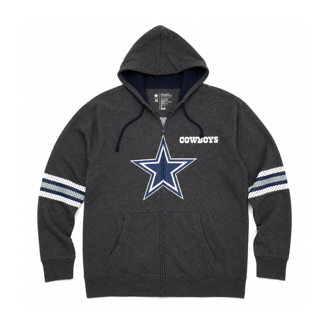 DALLAS COWBOYS 'Big Star' (2017) Authentic 2XB Full-Zip Hoodie Gray: ‘Big Star’ by Dallas Cowboys, 2017 Officially licensed NFL men’s full-zip hooded sweatshirt. Color: Heather charcoal grey, navy and white Size: Men’s 2XB
