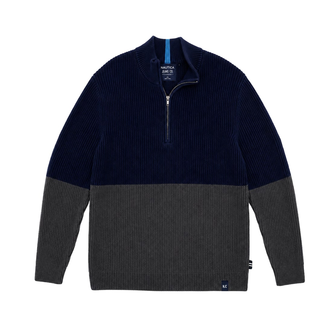 NAUTICA JEANS CO. 'Colorblock' (2010-2012) Blue/Gray 3XL Quarter-Zip Sweater: Colorblock Sweater' by Nautica Jeans Co., 2010-2012Color: Navy Blue / Charcoal Gray with Aqua Collar AccentSize: Men's 3XLItem: Quarter-Zip Pullover SweaterStyle: Colorblock mock-neck quarter-zip swea