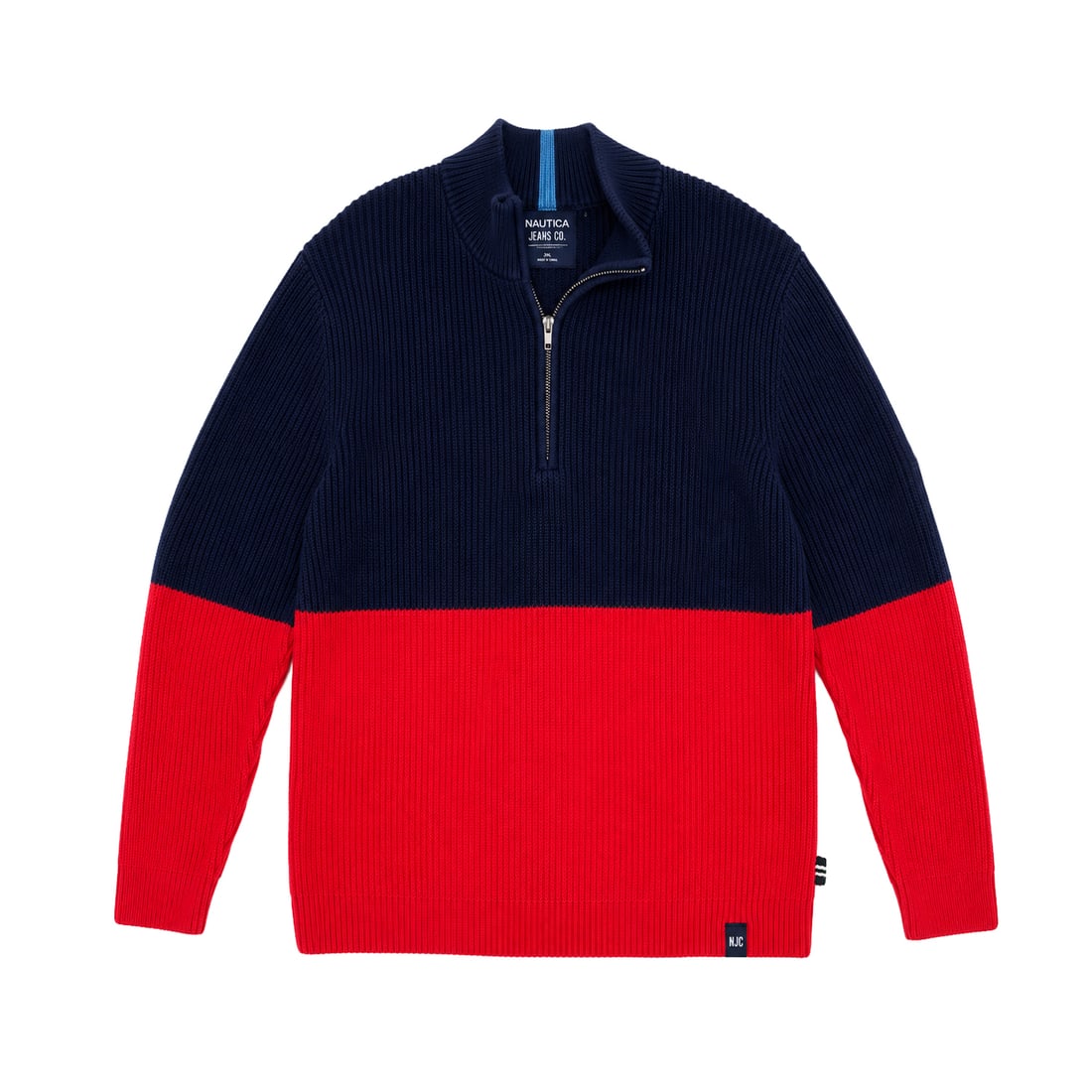 NAUTICA JEANS CO. 'Colorblock' (2010-2012) Blue/Red 3XL Quarter-Zip Sweater: Colorblock Sweater' by Nautica Jeans Co., 2010-2012Color: Navy Blue / Red with Aqua Collar AccentSize: Men's 3XLItem: Quarter-Zip Pullover SweaterStyle: Colorblock mock-neck quarter-zip sweaterKnit: H
