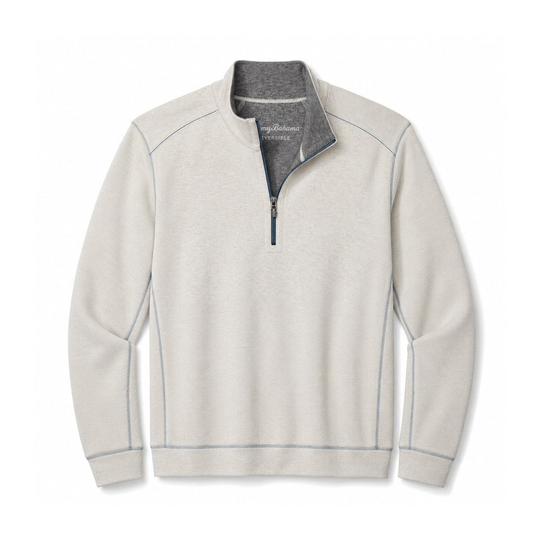 TOMMY BAHAMA 'Flip Side Twill Reversible' (2011-2013) Half-Zip Pullover 3XL Lt. Gray w/Blue Stitch: ‘Flip Side Twill Reversible’ by Tommy Bahama, circa 2011–2013 Men’s reversible long-sleeve half-zip pullover from the Tommy Bahama Flip Side Twill Reversible Collection. Colors: