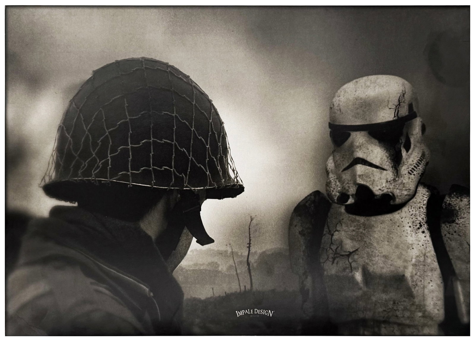 BILLY LUDWIG x STAR WARS 'SW vs WWII: Face to Face' (2005) Offset Lithograph: ‘Face to Face’ by Billy Ludwig, 2005 Unique print from the artist’s acclaimed SW vs WWII series—a mashup collection seamlessly blending Star Wars characters and machinery into historic black