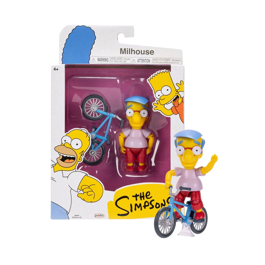THE SIMPSONS 'Milhouse' (2025) Collectible 5 in. Figure w/Bicycle: ‘Milhouse’ by JAKKS Pacific, 2025 Classic action figure depicting Bart Simpson’s best friend, Milhouse Van Houten, from The Simpsons, complete with his bicycle. Figure Height: