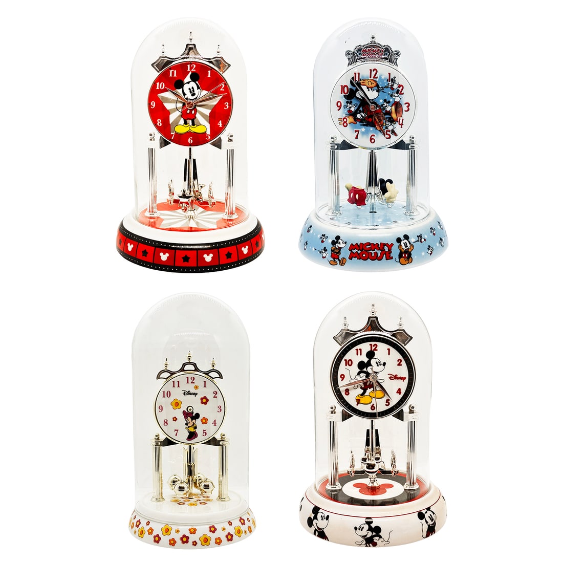 DISNEY Mickey & Minnie Anniversary 4pc. Rotating Glass Dome Clocks RARE (1 of 20)