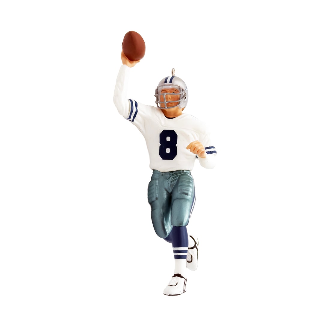 DALLAS COWBOYS x Hallmark 'Troy Aikman' (1996) Collectible Hand-Painted Ornament: ‘Dallas Cowboys’ by Hallmark, 1996 Collectible holiday ornament featuring Dallas Cowboys Hall of Fame quarterback and three-time Super Bowl champion Troy Aikman in a classic throwing pose with the