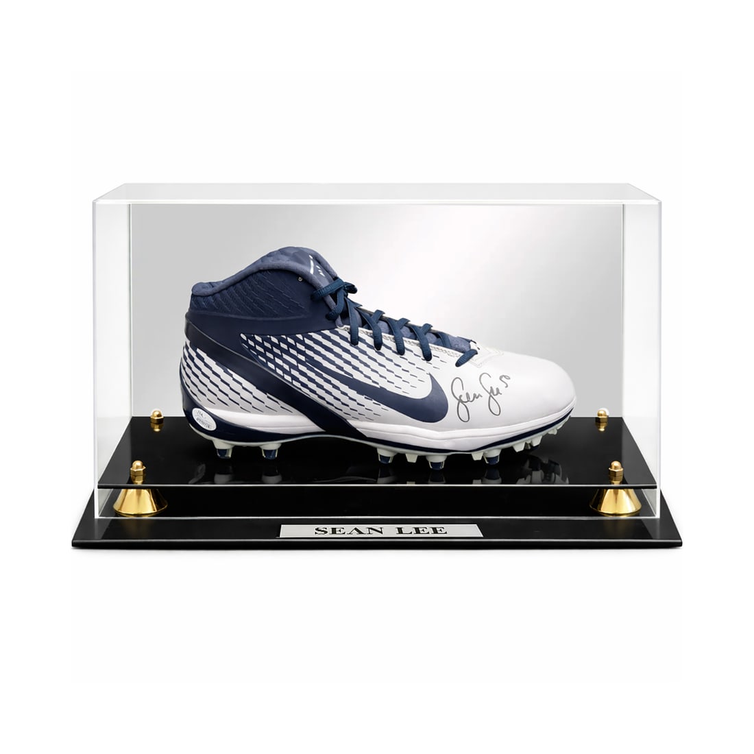 DALLAS COWBOYS Sean Lee Hand-Signed GAME-ISSUED Nike Shoe w/Display: ‘Sean Lee Game-Issued Nike Cleat’ of the Dallas Cowboys, 2011 In-person hand-signed and game-issued Nike Air Zoom Alpha Talon TD football cleat—the specific model issued to Sean Lee during his b