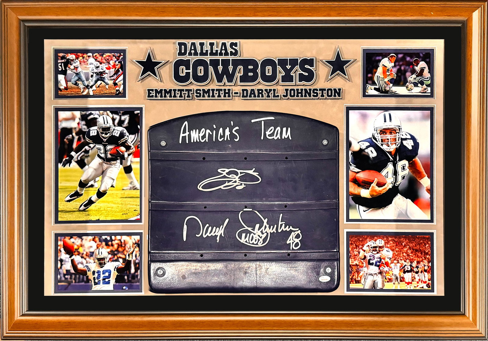 DALLAS COWBOYS 'Emmitt & Moose' Rare Custom Framed, Hand-Signed Texas Stadium Seatback (1 of 9)