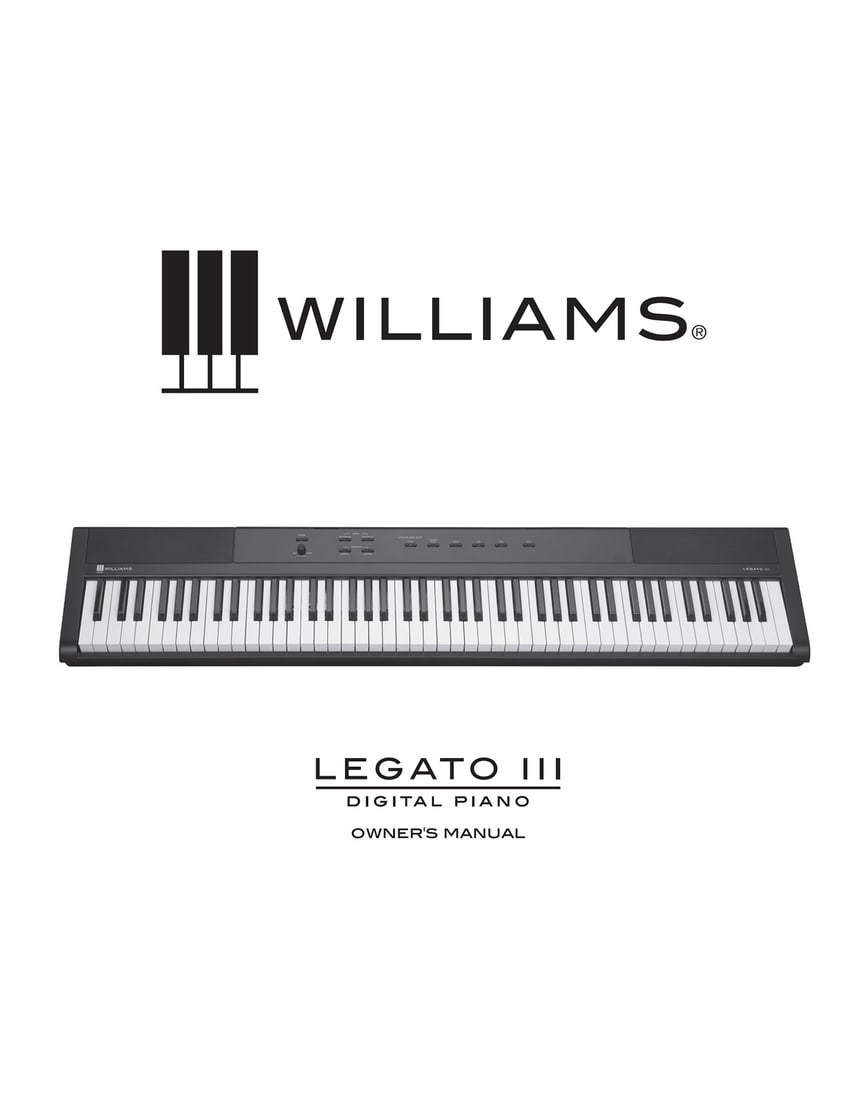 WILLIAMS 'Legato III' (2018) Bluetooth Digital Electric Piano: Legato III' by Williams, 201850 x 11 x 3 InchesDigital electric piano with 88-key touch-sensitive keyboard.10 piano & keyboard sounds.Metronome feature with variable tempo to facilitate practice or re