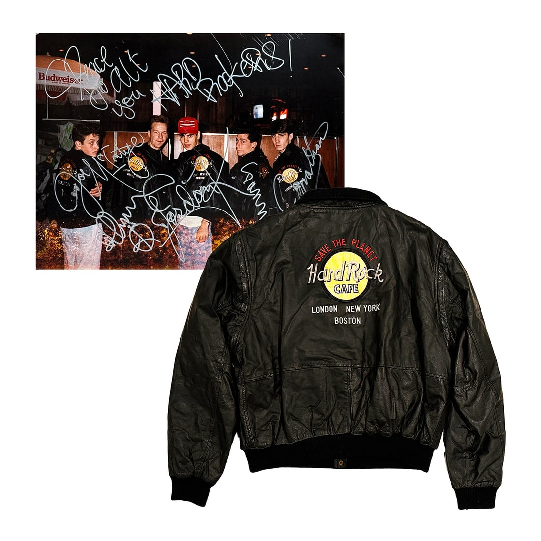 HARD ROCK CAFE x Ticketmaster 'New Kids on the Block' (1992) Leather Bomber + Band-Signed 16x20: ‘New Kids on the Block’ by Ticketmaster x Hard Rock Cafe, 1992 An exceptional one-of-a-kind Grand Prize package from Ticketmaster’s Fifth Anniversary celebration at the Hard Rock Cafe in Boston�