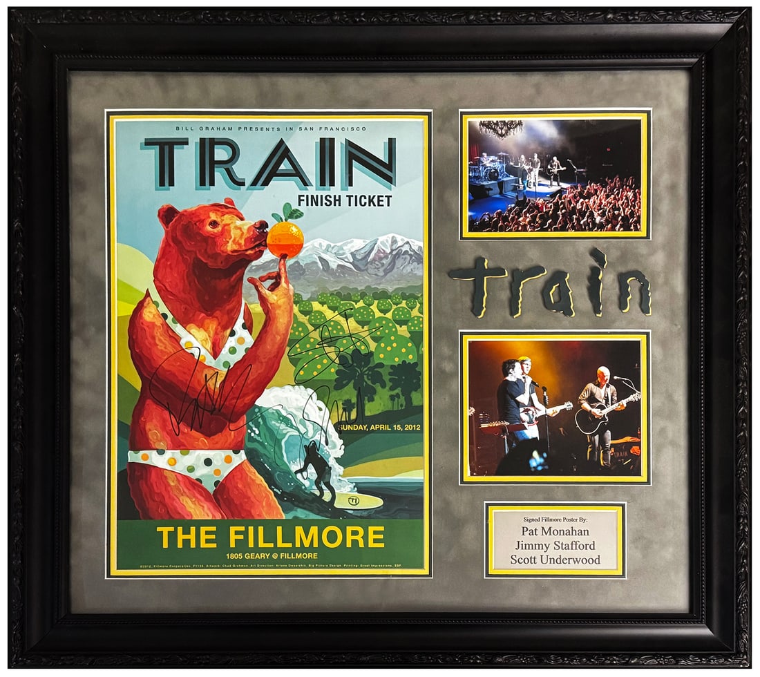 TRAIN 'Save Me, San Francisco' (2012) Custom Framed, Band-Signed Fillmore Poster: ‘California 37 / Save Me, San Francisco’ by Train, 2012 Rare, vibrant and beautifully presented original Fillmore concert poster, hand-signed by Train’s classic three-member lineup during the ba