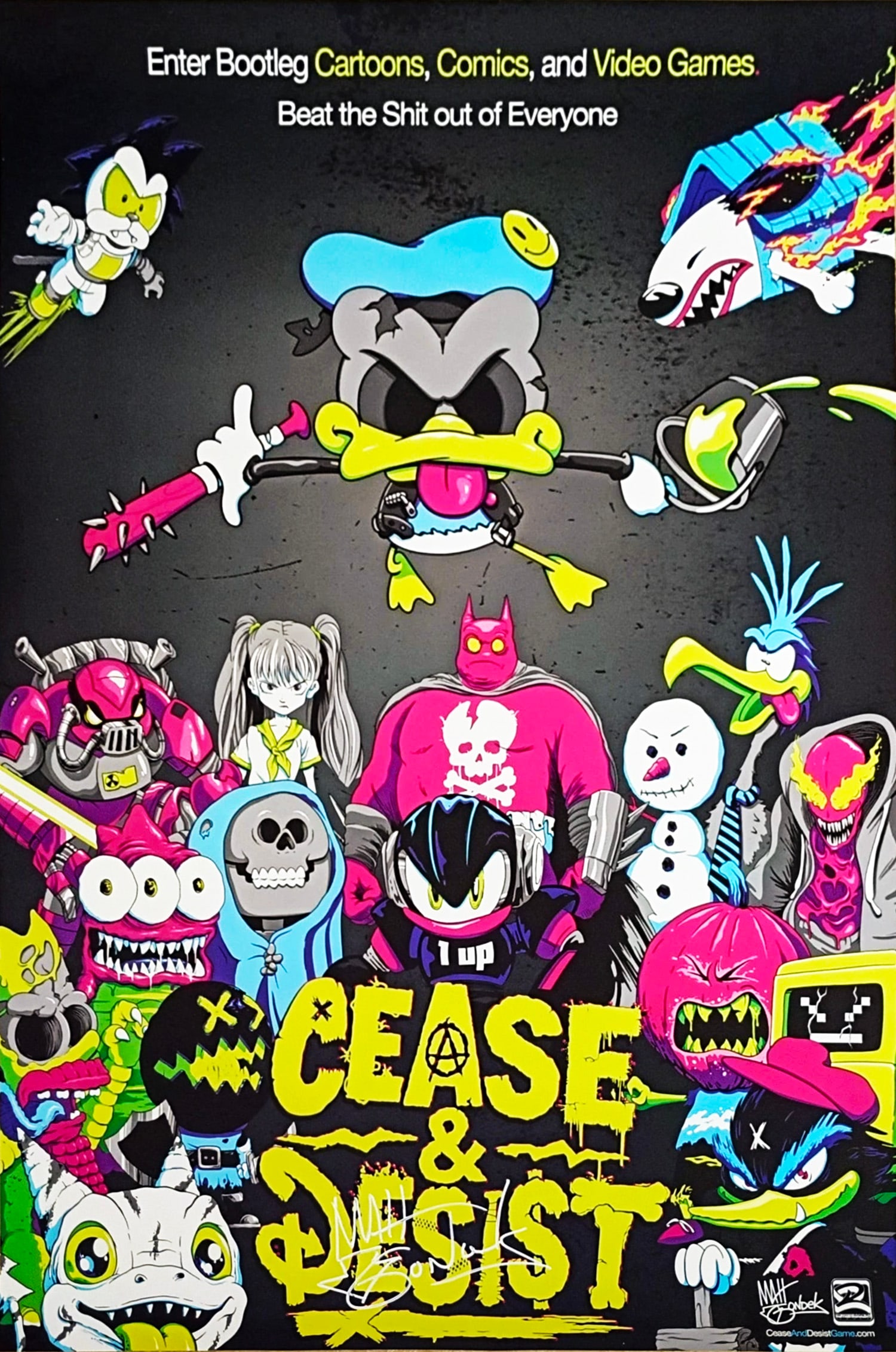MATT GONDEK x Steam 'Cease & Desist' (2025) Hand-Signed Promo Video Game Poster: Cease & Desist' by Matt Gondek, 2025Original promotional poster for the artist's video game collab. with Steam.DesignerCon 2025 exclusive featuring the artist's 'Lil' Shit' character.36 x 24 Inches91.