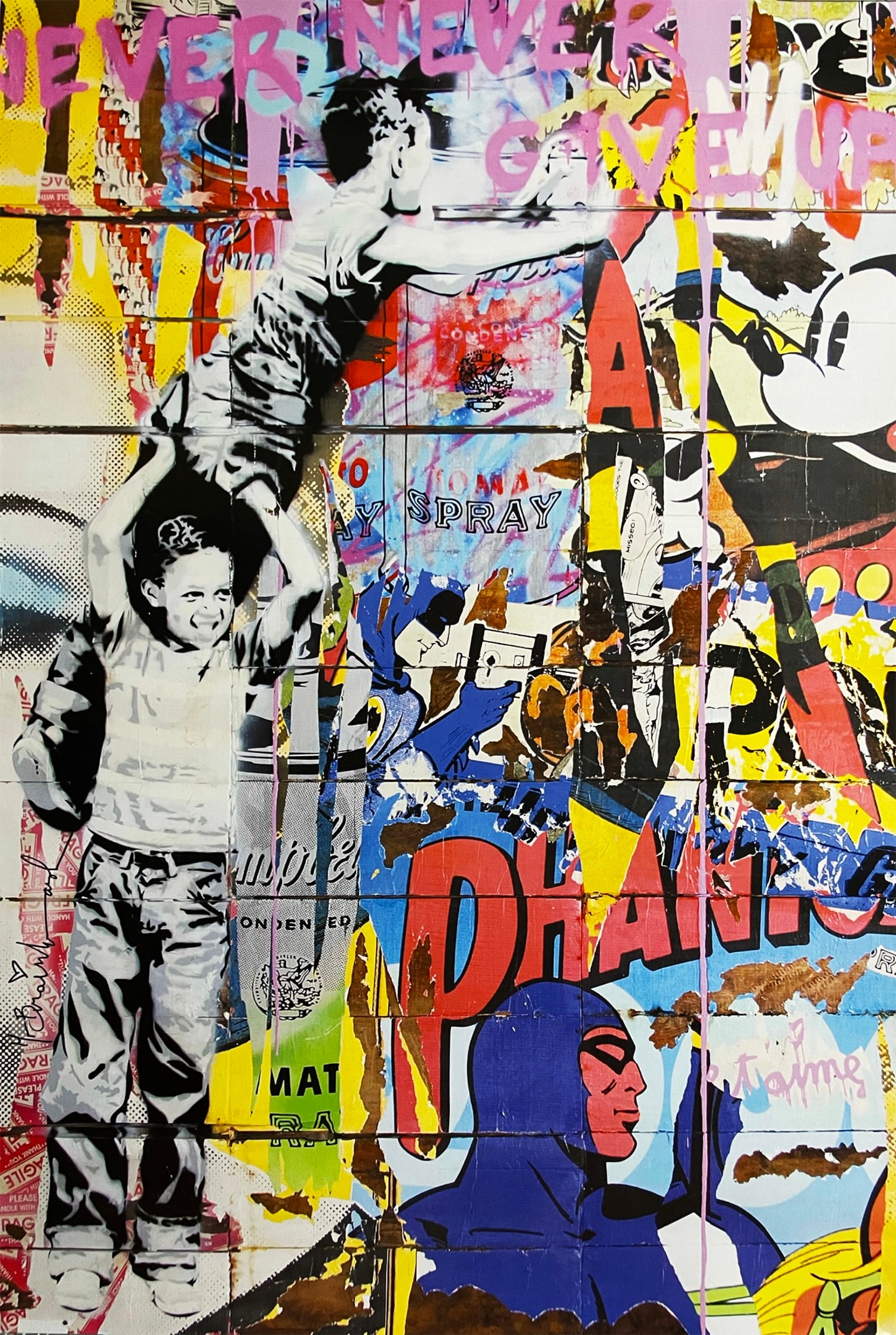 MR. BRAINWASH 'Never Give Up' (2011) Offset Lithograph Poster: â€˜Never Give Upâ€™ by Mr. Brainwash, 2011One of the rarer Mr. Brainwash poster prints.Released at his 2011 art show in Los Angeles.Another must-have for Mr. Brainwash