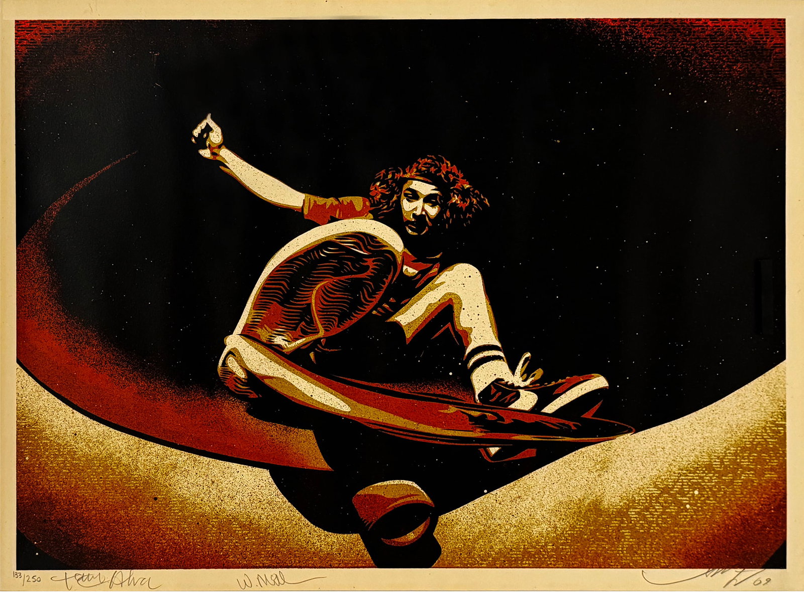 SHEPARD FAIREY 'Alva Frontside' (2013) Screen Print: Alva Frontside' by Shepard Fairey, 2013Limited Edition screen print collab. with skateboarding legend Tony Alva and photographer Wynn Miller.Red and black variant.18 x 24 Inches45.7 x 61