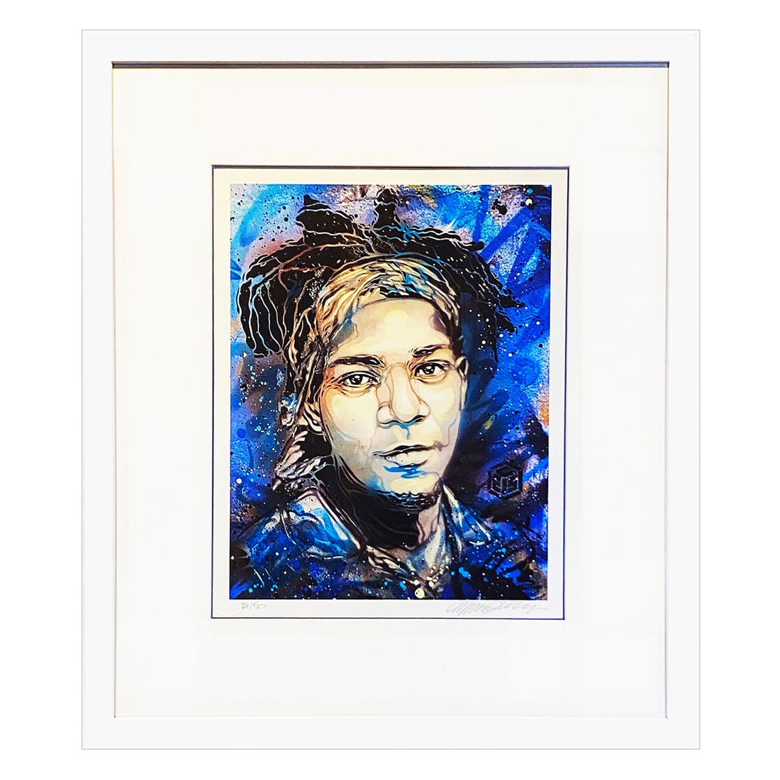 C215 'Blue Basquiat' (2020) RARE Custom Framed Giclée Print: Blue Basquiat XL' by C215 (aka Christian GuÃ©my), 2020Very Rare, Hand-Finished, Limited Edition giclÃ©e print.Amazing portrait based on the artist's original homage to street art i