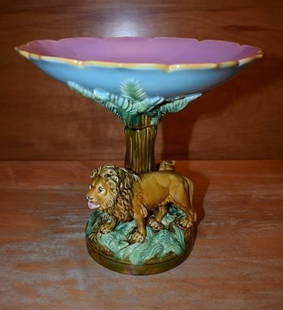 Rare GEORGE JONES Majolica Centerpiece "Africa": Very Rare Majolica GEORGE JONES Centerpiece/Compote from the Continents Series, "Africa". It shows a Lion and Lioness under a tree with a Lizard hiding under a burrow. c. 1874 this is one of the four